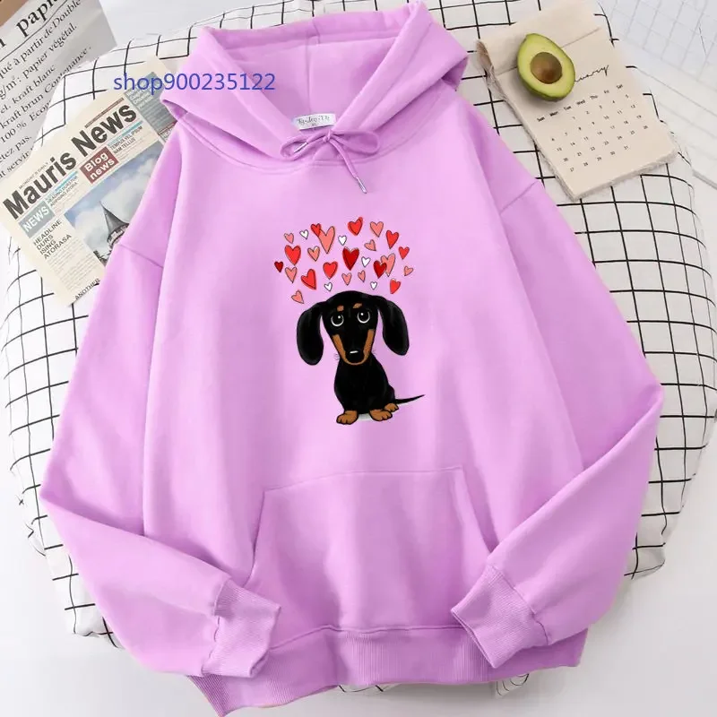 Dachshund Heart Hoodies Woman Cute Cartoon dog Hooded Oversized Unisex Hoodie Sweatshirt Casual Tops Winter Clothes Women