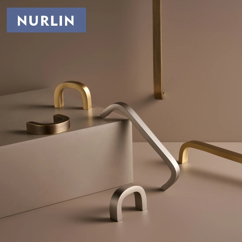 Nurlin Solid Brass Bent Design Cabinet Door Handles Simple Style Multiple Sizes Drawer Pulls for Wardrobes