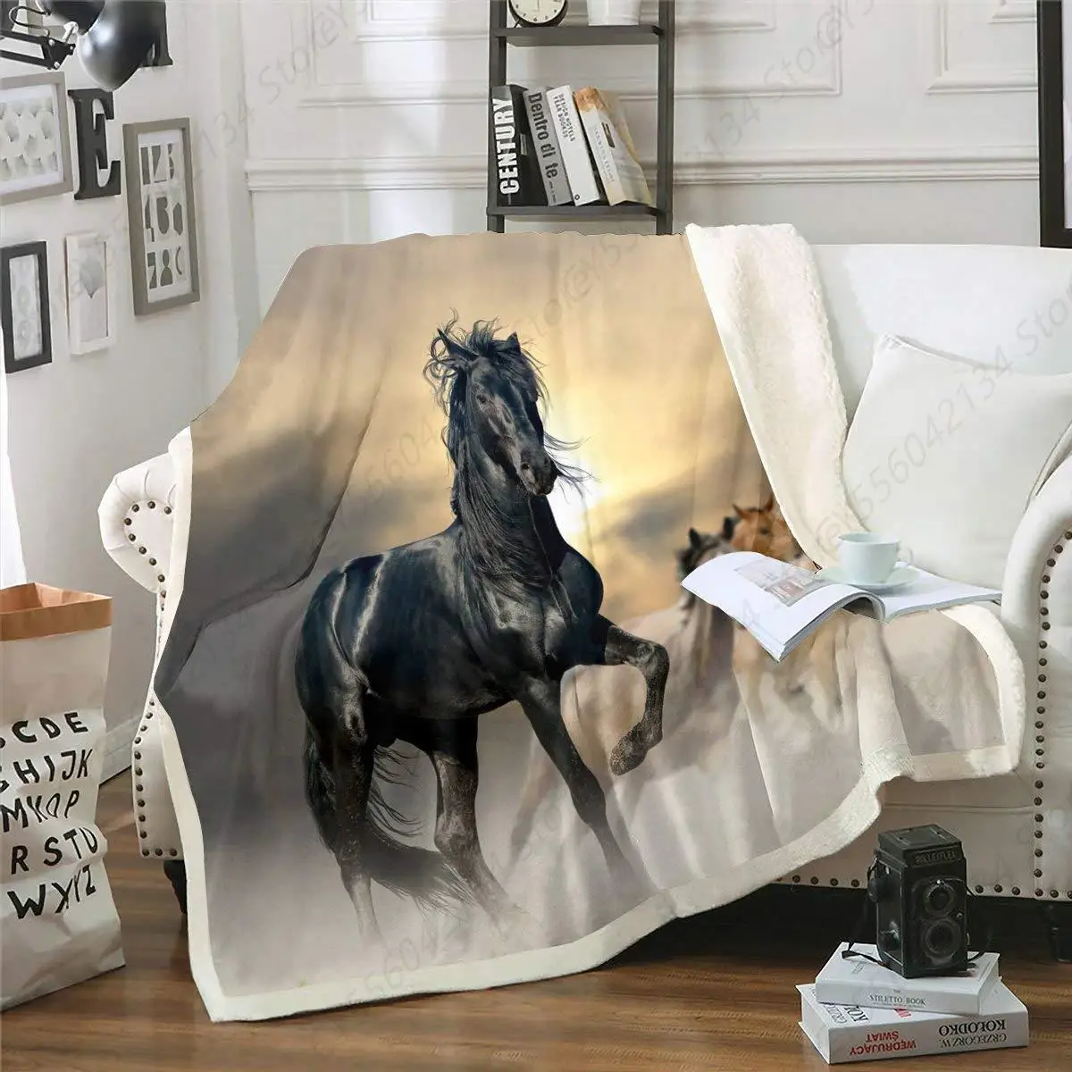 

Black Horse Blanket Exotic Tribal Style Throw Blanket 3D Animal Pattern Farmhouse Theme Bed Blanket Cowboys Teens Adult Soft