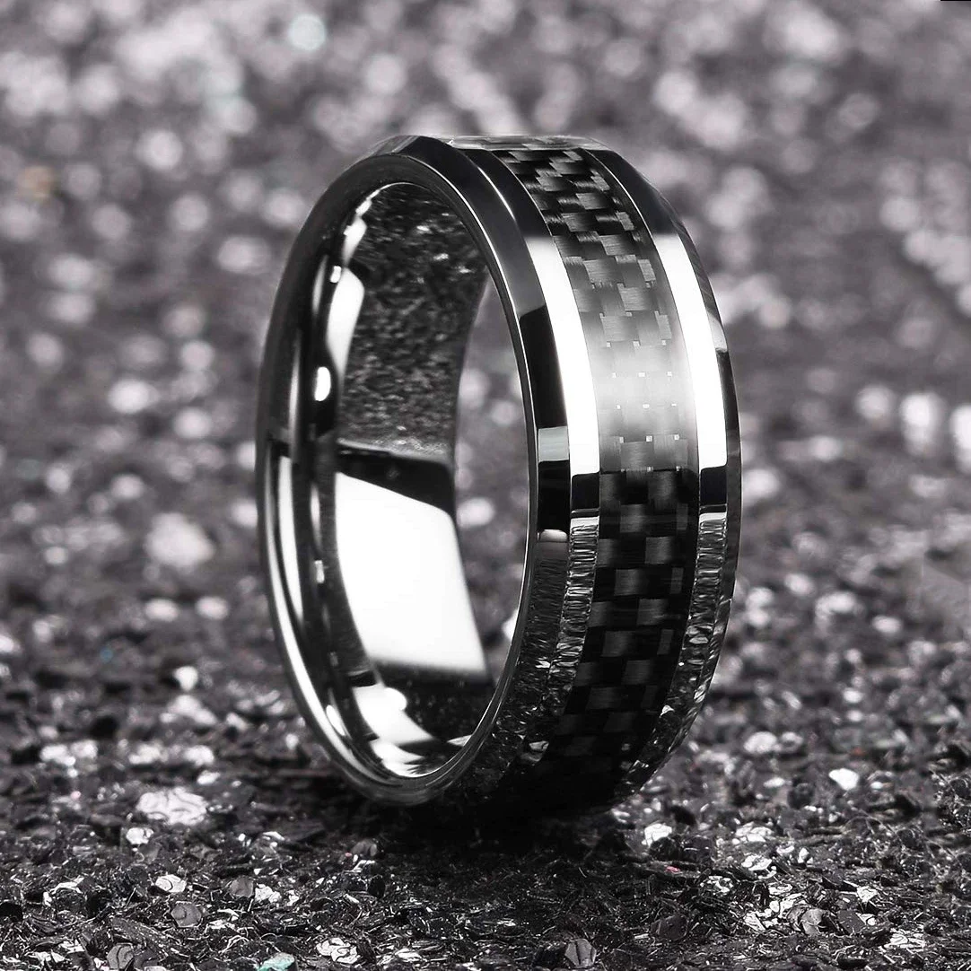 Vintage Silver Color Titanium Stainless Steel Rings for Men Black Carbon Fiber Ring Wedding Jewelry Christmas Gift Accessories