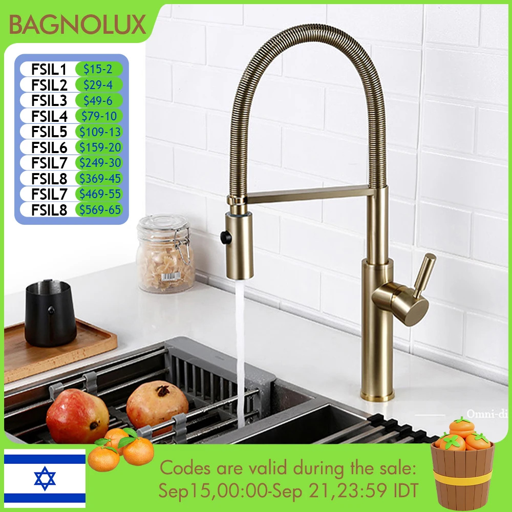 

Brushed Gold Kitchen Faucets Brass Mixer for Kitchen Sink Single Lever Pull Out Spring Spout Tap Hot Cold Water 1036