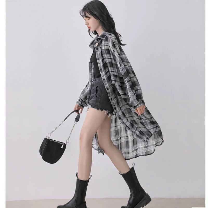 

Ice Silk Shirts for Women Polo-neck Sunscreen Casual Korean Style Smock Mid-length Long Sleeve Oversized Large Size Blouse Women