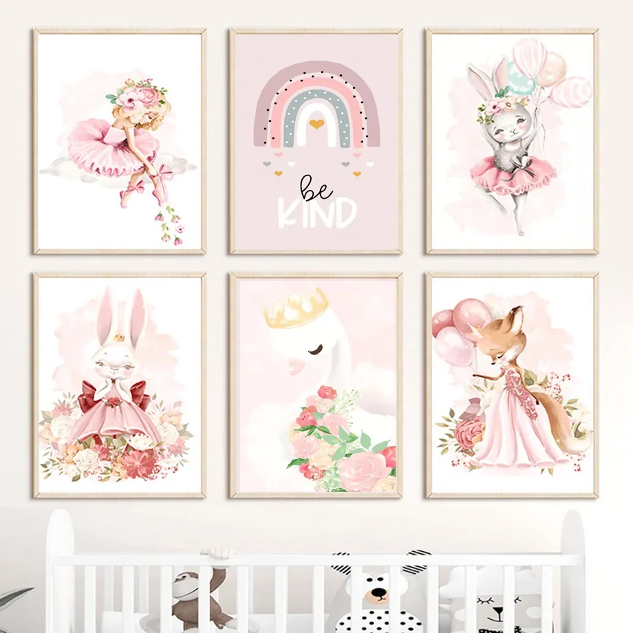 

Girl Rabbit Princess Rainbow Swan Rose Nursery Nordic Posters And Prints Wall Art Canvas Painting Pictures Baby Kids Room Decor