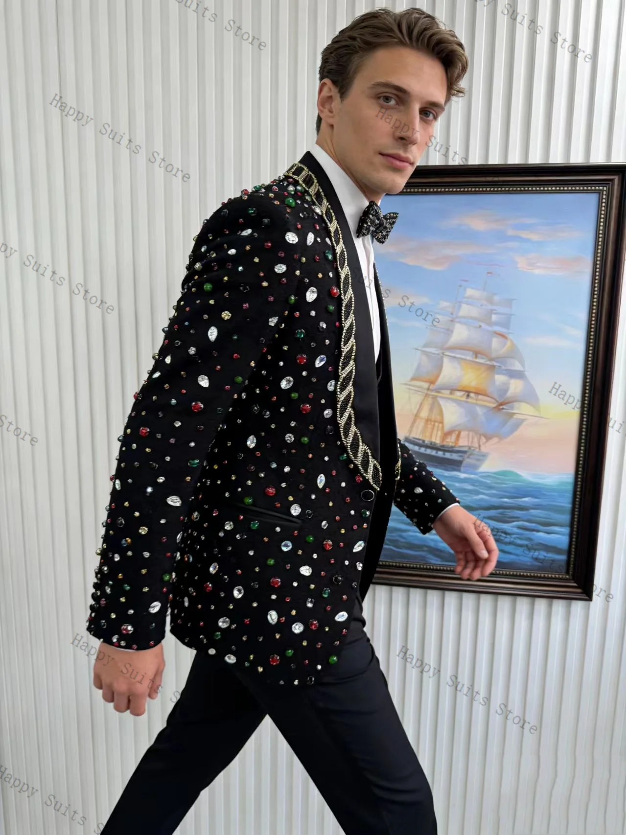 

Colorful Crystals Men Suit Set 2 Piece Blazer+Pants Cotton Prom Wedding Tuxedos Coat Customized Formal Office Fashion Jacket