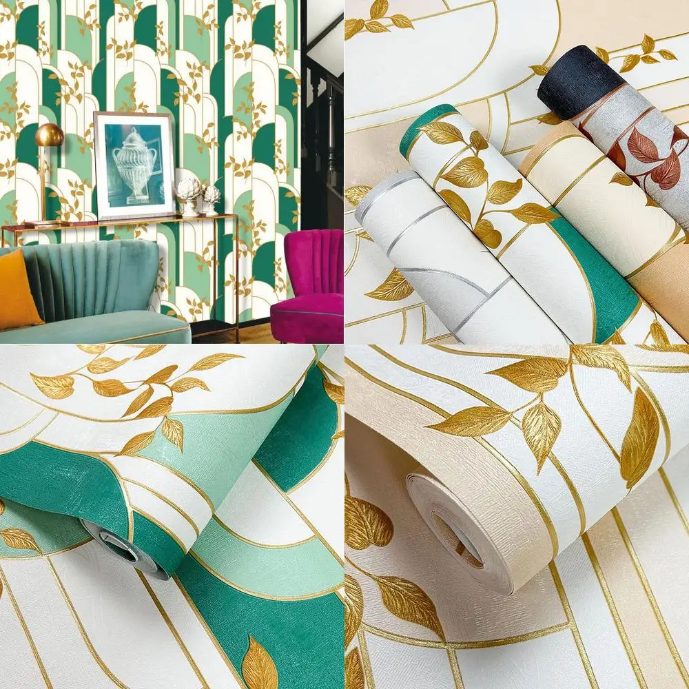 Retro Luxury 3D Geometric Curved Gold Plant Leaf Wallpaper for Hotel Guesthouse Entrance Soft Decoration Design Background Wall