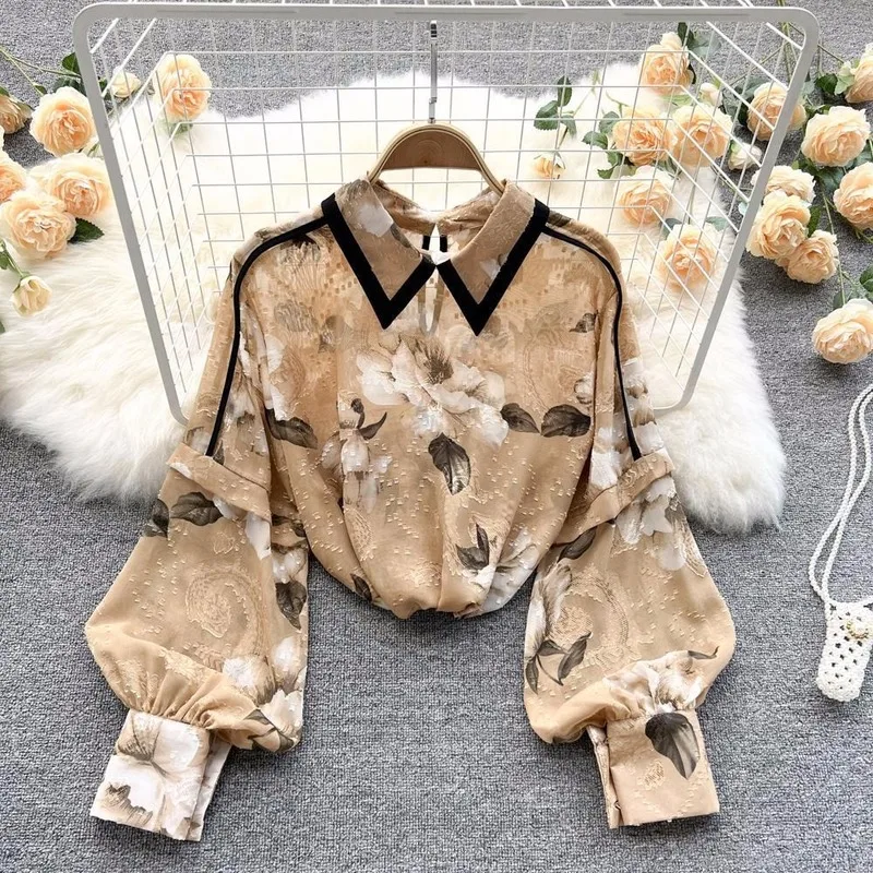 

Chiffon shirt Women's spring 2023 new female shirt design sensor lantern sleeve casual printed versatile meat blouse female top