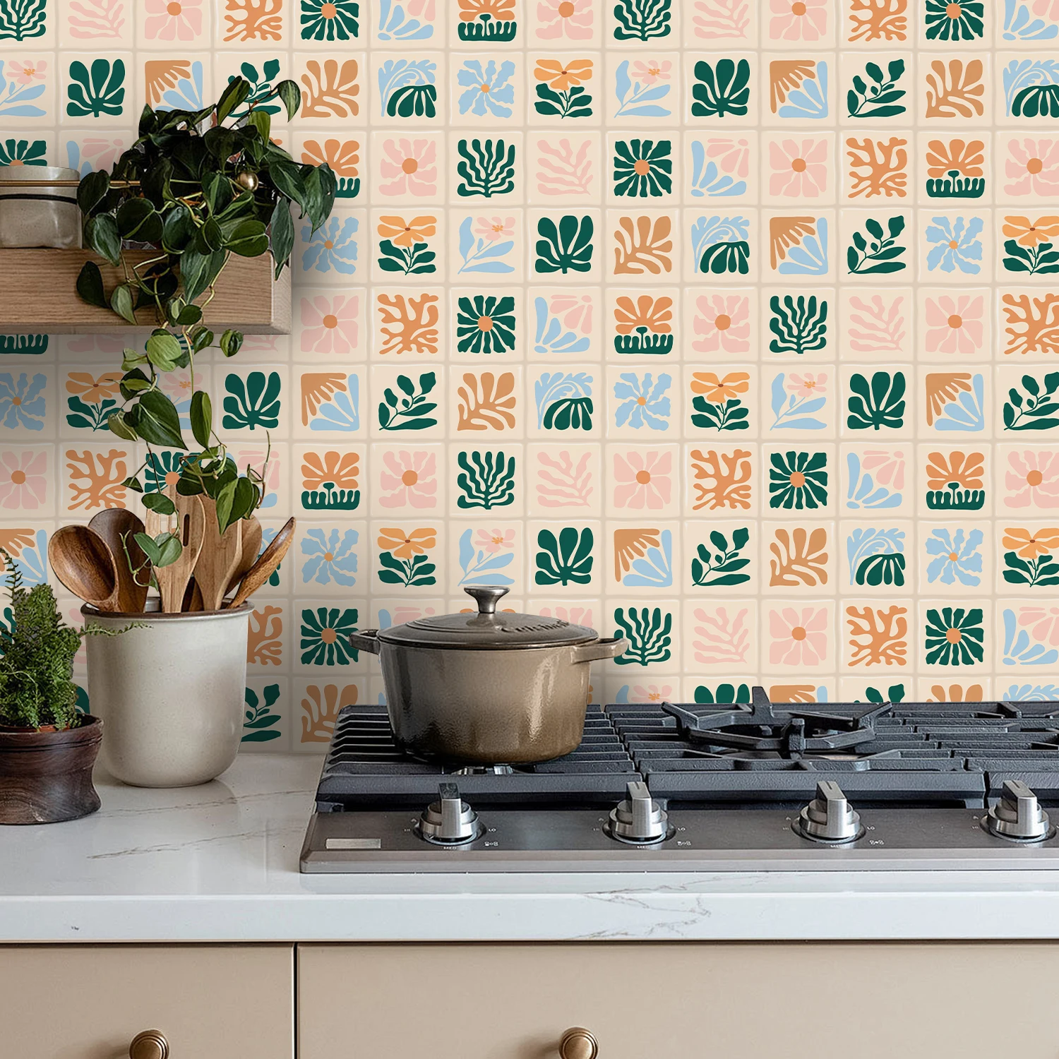 20pcs 3D PVC Retro Morandi Hand-painted Abstract Floral Glossy Square Wall Stickers, 15.25*15.25cm
