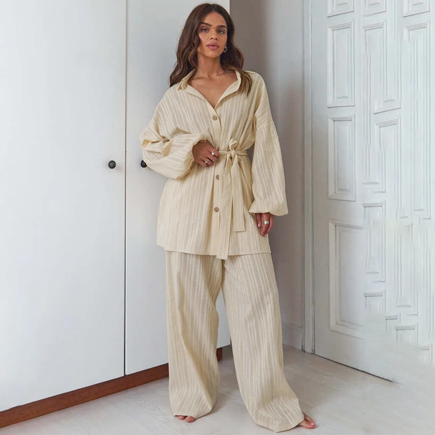

Hiloc Elegant White Jacquard Long Pants Suits 2025 Autumn Long Sleeve Blouse With High Waist Pants 2 Piece Sets Casual Pajamas