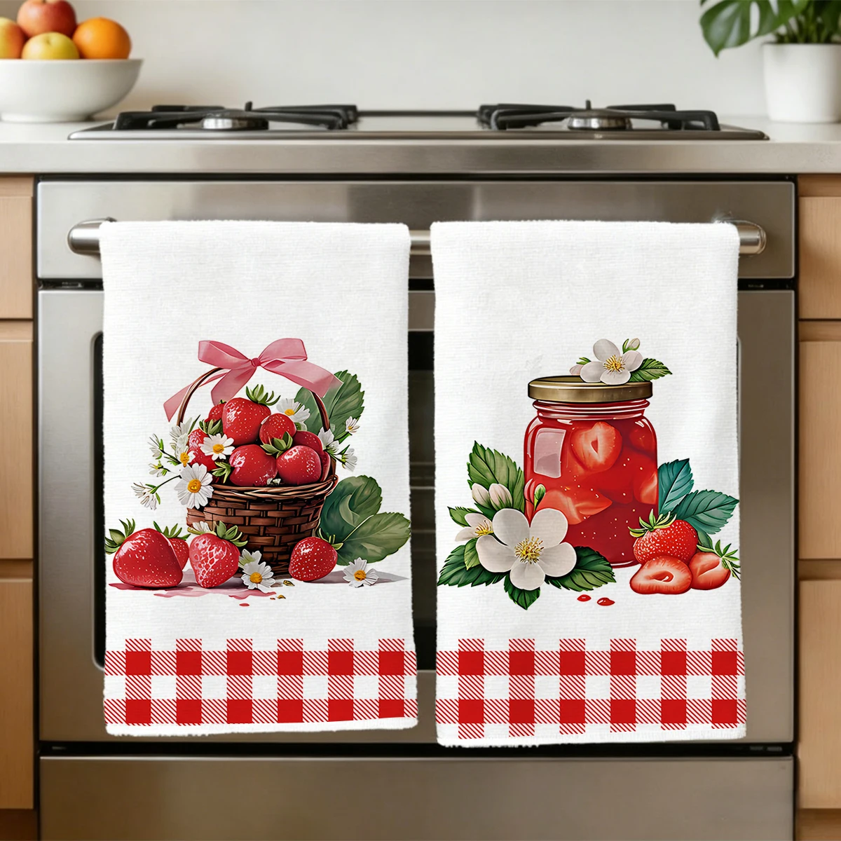 2pcs Red Strawberry Jam Printed Towel Set, Rustic Style Towels, Multifunctional Kitchen Towels, Multiple Options to Choose From
