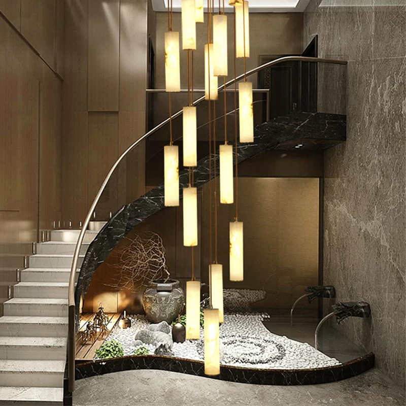 Postmodern Unique Creative Villa Living Room Brass Marble Chandelier Nordic Hotel Lobby Stair Decorative Alabaster Pendant Light