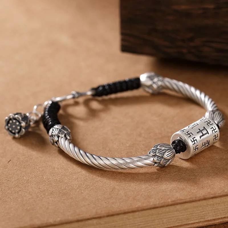 925 Silver Six Character Mantra Transfer Heart Sutra Bracelet for Men and Women Black Braided Rope Retro Hand Banquet Jewelry