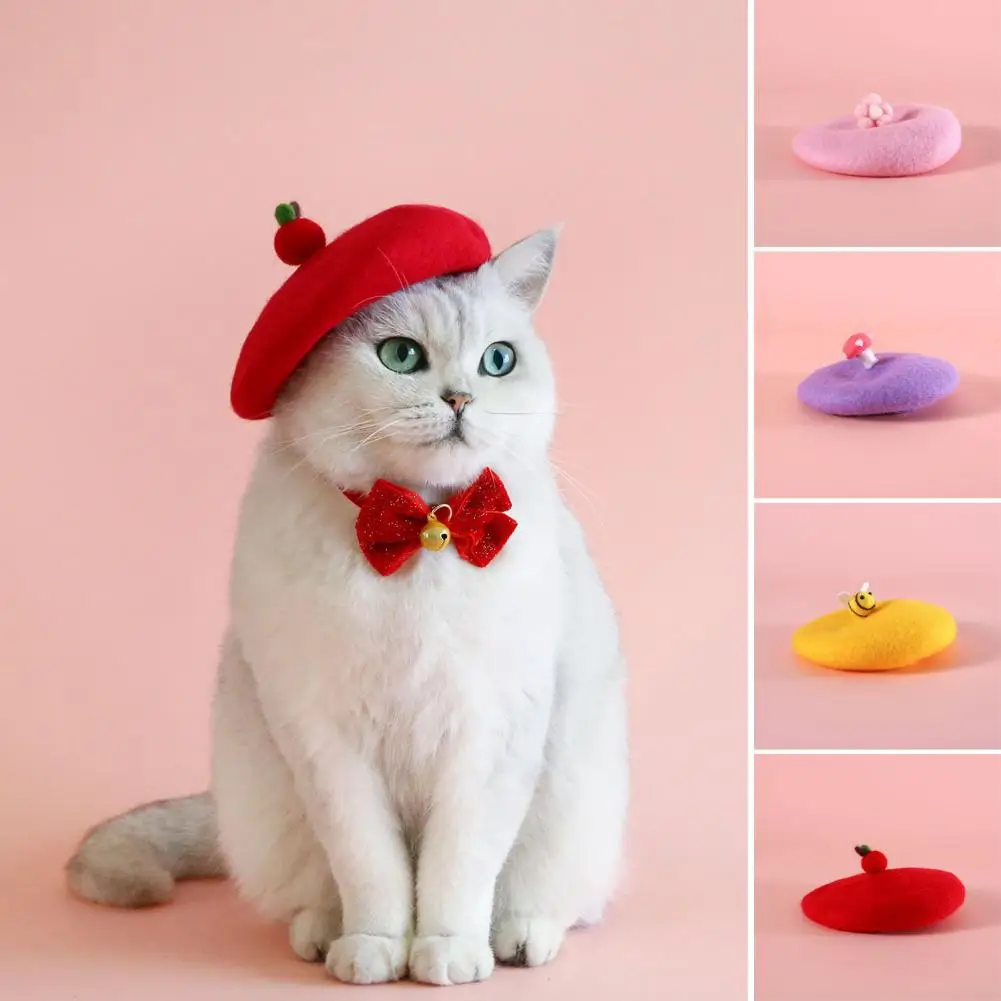 Beret for Pets Colourful Cozy Cat Hat Wool Cartoon Belle Flower Bee Mushroom Shape with Adjustable Buckle Winter Pet for Extra