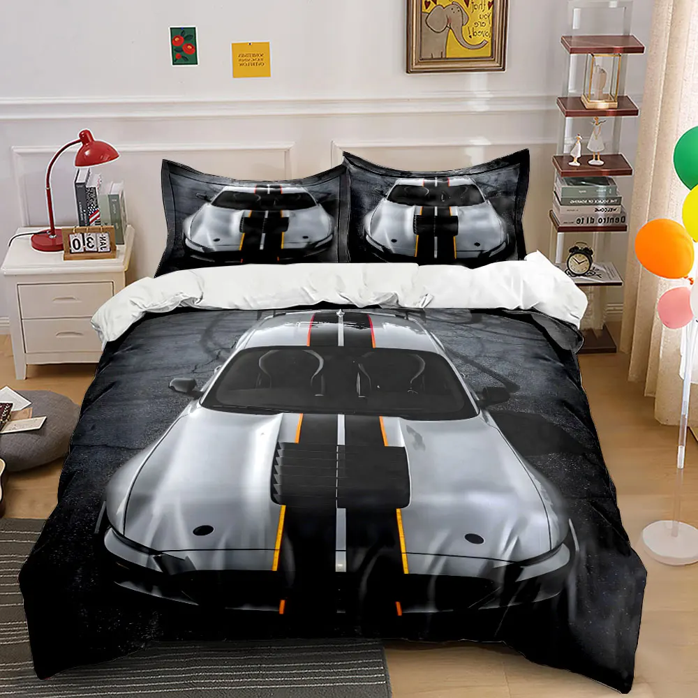 Sleek silver sports car top view Print Bedding Set 1 Duvet Cover 2 Pillowcases for Adult and Children Luxury Gift Full Size