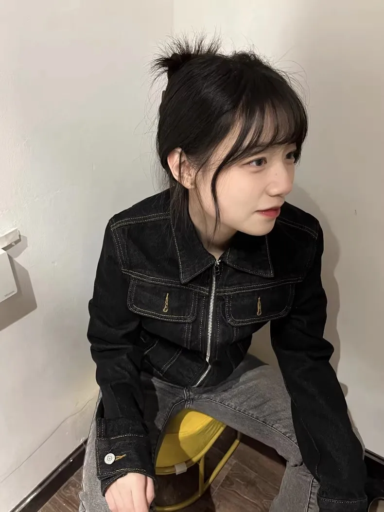 레트로 칼라 지퍼 데님 재킷 슬림 피트 짧은 카디건 여성 패션 가을 다목적 셔츠 슬리브 스타일 얇은 겉옷