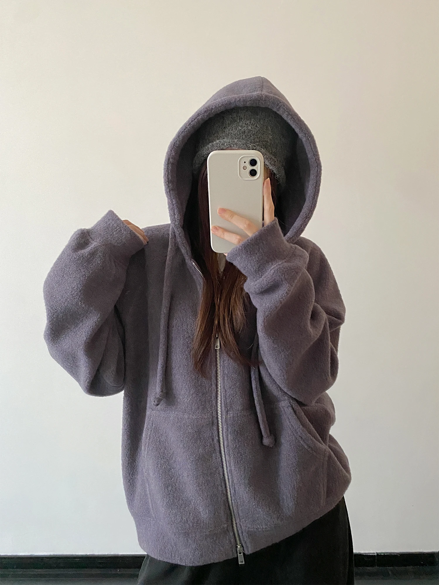 

Sunyeo High amage Mixed Fabric Hoodie Winter Lazy Top Coat Women's Loose Sle Stand Fit Long Sve Zipper Closure