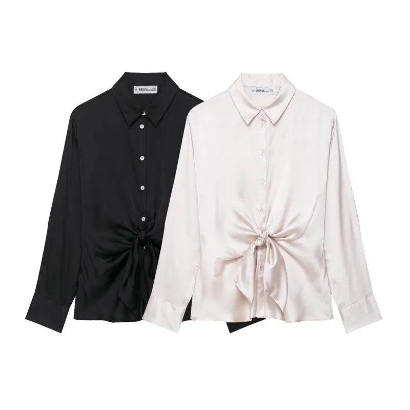 

Women Satin Shirt with Knot Autumn Women's Long Sleeves Women's Shirts Simple Female Button Shirts & Blouses