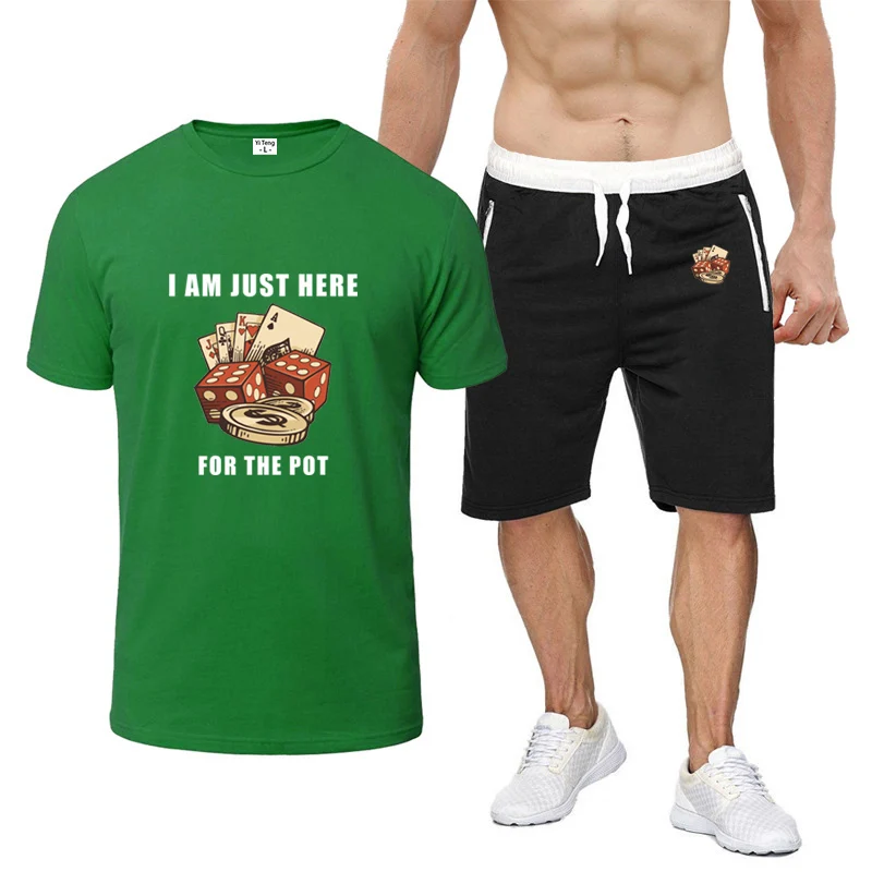 

I AM JUST HERE FOR THE POT Mans New Styl Nine Color Short Sleeved Suit Poker and sieve Summer T-Shirt Casual Shorts 2-piece Set
