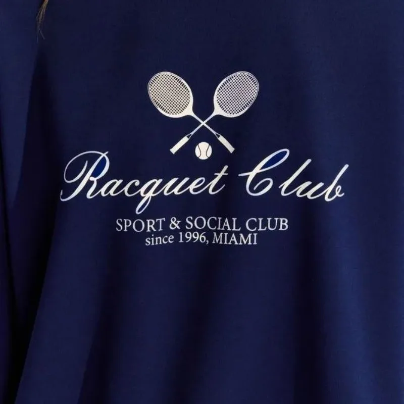 Sudaderas con estampado de insignia para mujer, Jersey holgado de gran tamaño a la moda francesa, camisas grises de manga larga para otoño, ropa de calle Y2K