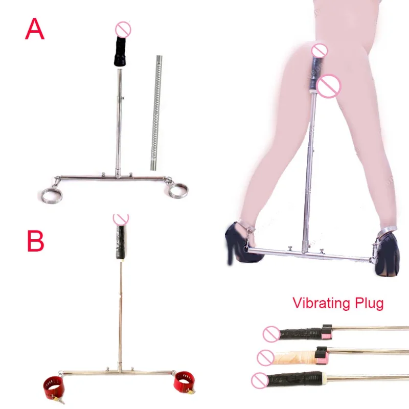 Stainless Steel Standing Frame Locking Device Spreader Bar with Ankle Cuffs Vibratable Dildo BDSM Bondage Open Legs Adult Game