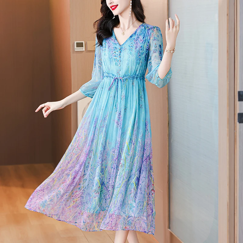 

Spring Summer Floral Silk ShortSleeve Midi Dress Women Boho Fashion Light Casual Dress 2024 Korean Vintage Elegant Party Dresses