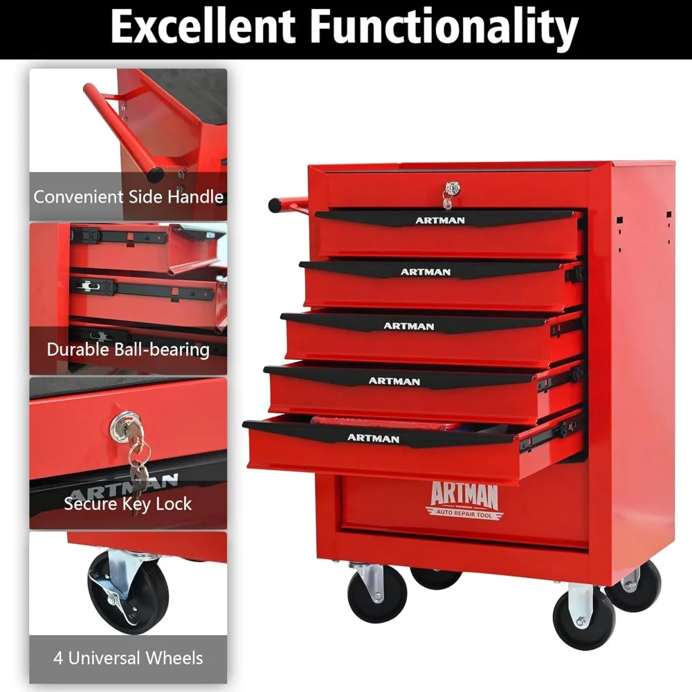 Multifunctionele rollende gereedschapswagen met 6 laden, robuuste trolley-organizer voor gereedschapsopslag in magazijnen