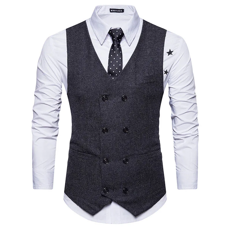 

Mens Black Woolen Suit Vests 2024 Brand Double Breasted Sleeveless Vest Waistcoat Men Formal Business Dress Vest Male Gilet Homm