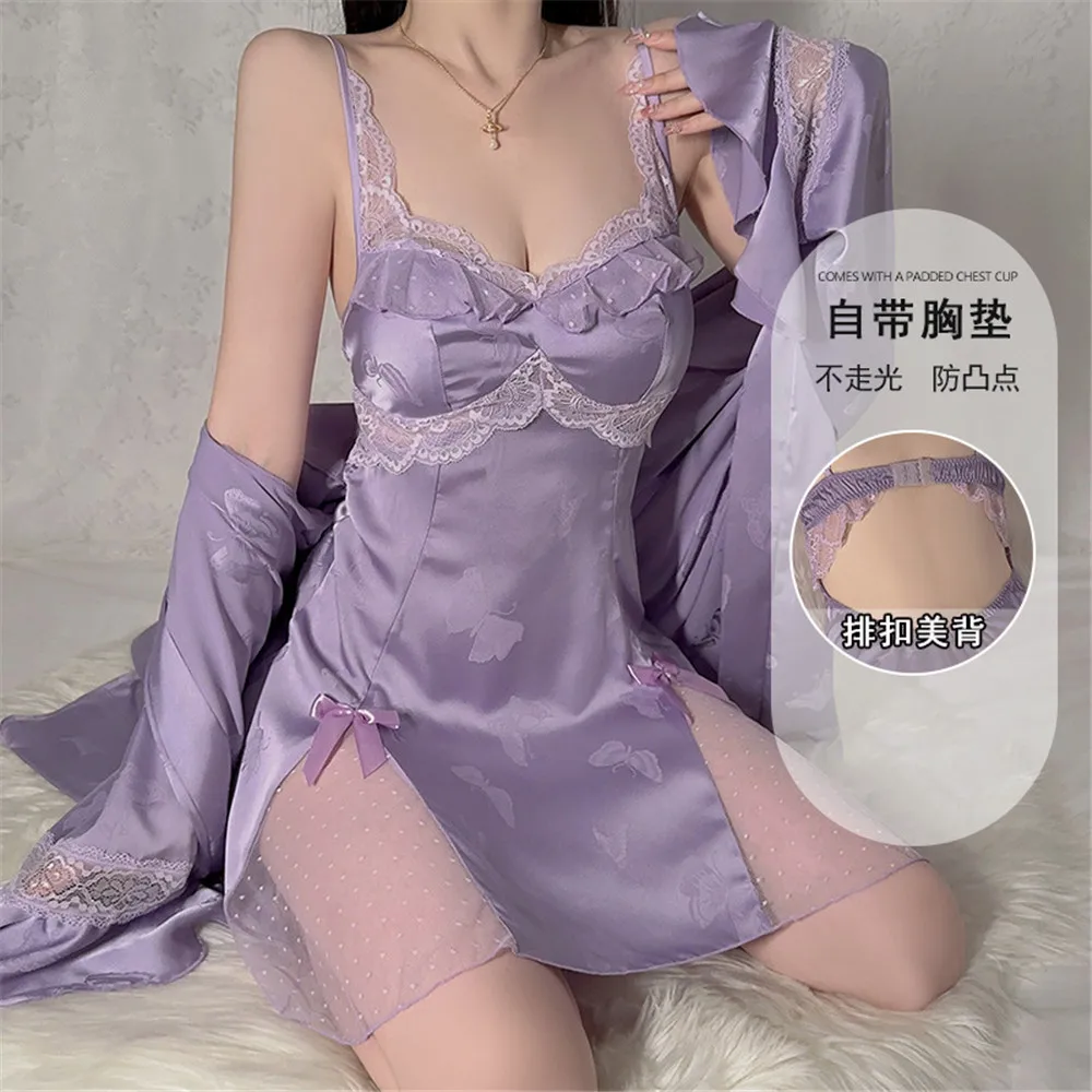 

Элегантный комплект женского халата и ночной сорочки из жаккардового атласа: кимоно, банный халат, шелковистое атласное домашнее платье, одежда для отдыха