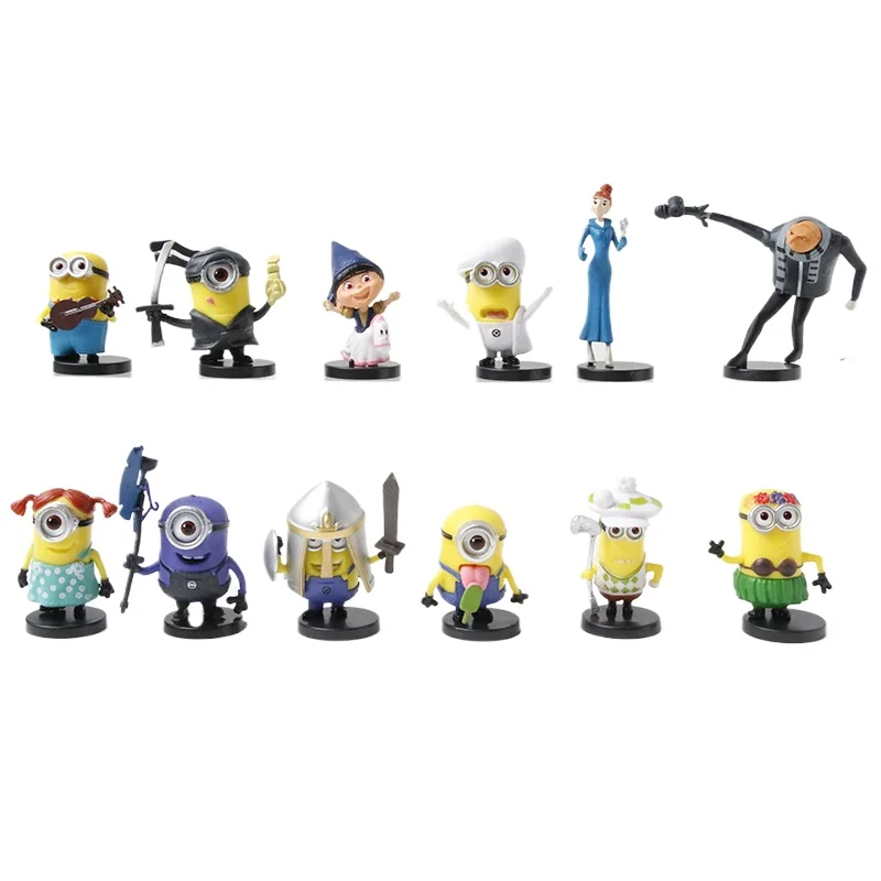 Desktop Decoration 12Pcs/Set Minions Fluffy Kevin Bob Gru 3D Eye Despicable Minion Action Figures Toys Xmas Gifts for Fans