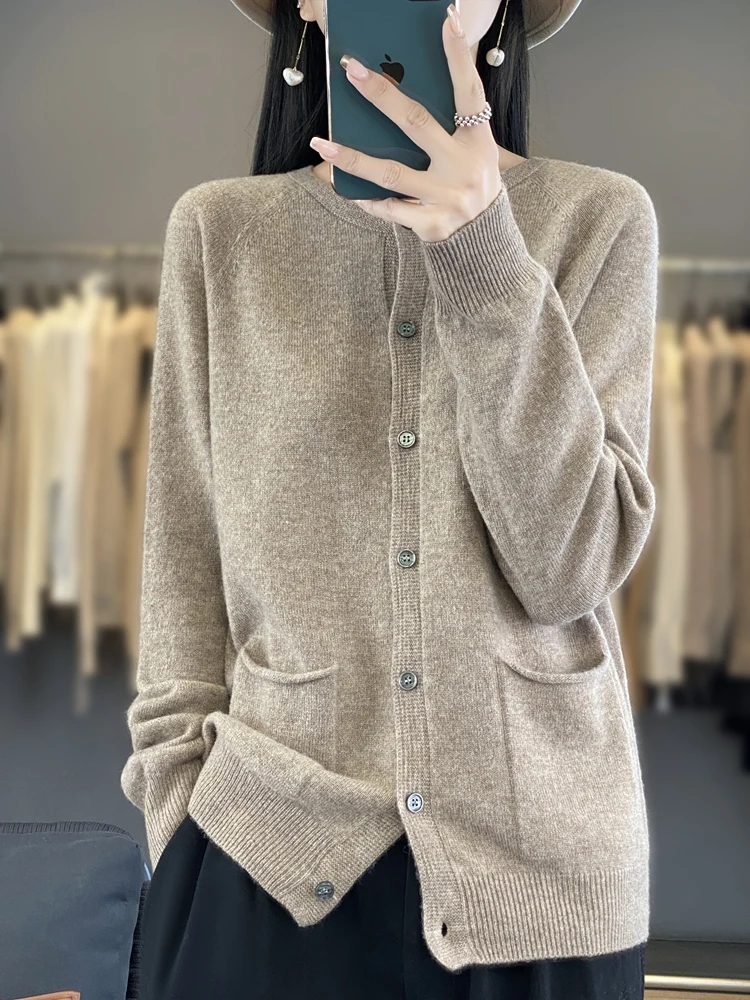 Women Fashion Merino Wool Sweater O-Neck Long-sleeve Pocket Cardigan Cashmere Warm Knitwear Spring Autumn Female Coat Soft Tops