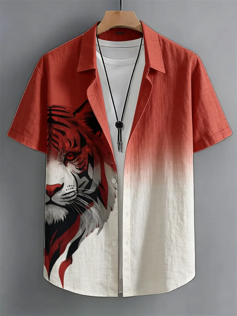 

New fashionable business line printed linen short sleeved shirt for men's summer lightweight collared shirt