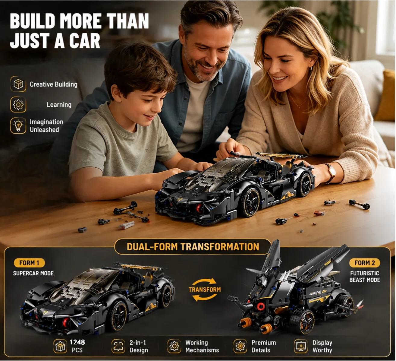 2-in-1 Black Gold Supercar & Beetle Building Blocks Set Mechanical DIY Model for Kids Adult 6+ Car Hobbyist Desktop Holiday Gift