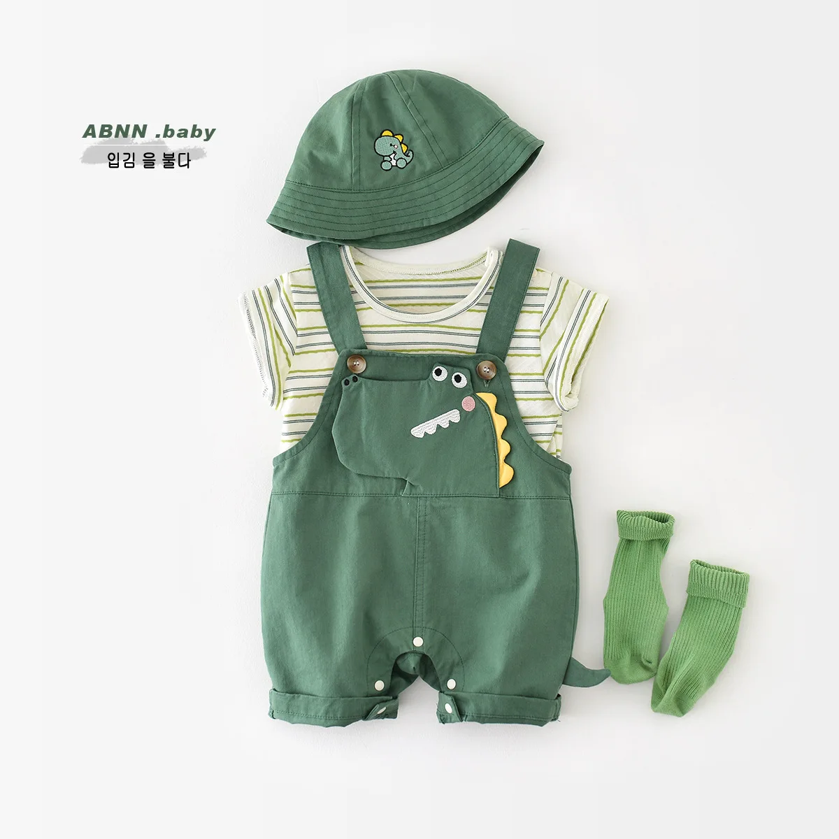 

Summer Korean Infant Girls 2PCS Clothes Set Short Sleeve Green Striped T Shirt Cartoon Dinosaur Overalls Suit Baby Girls Outfits