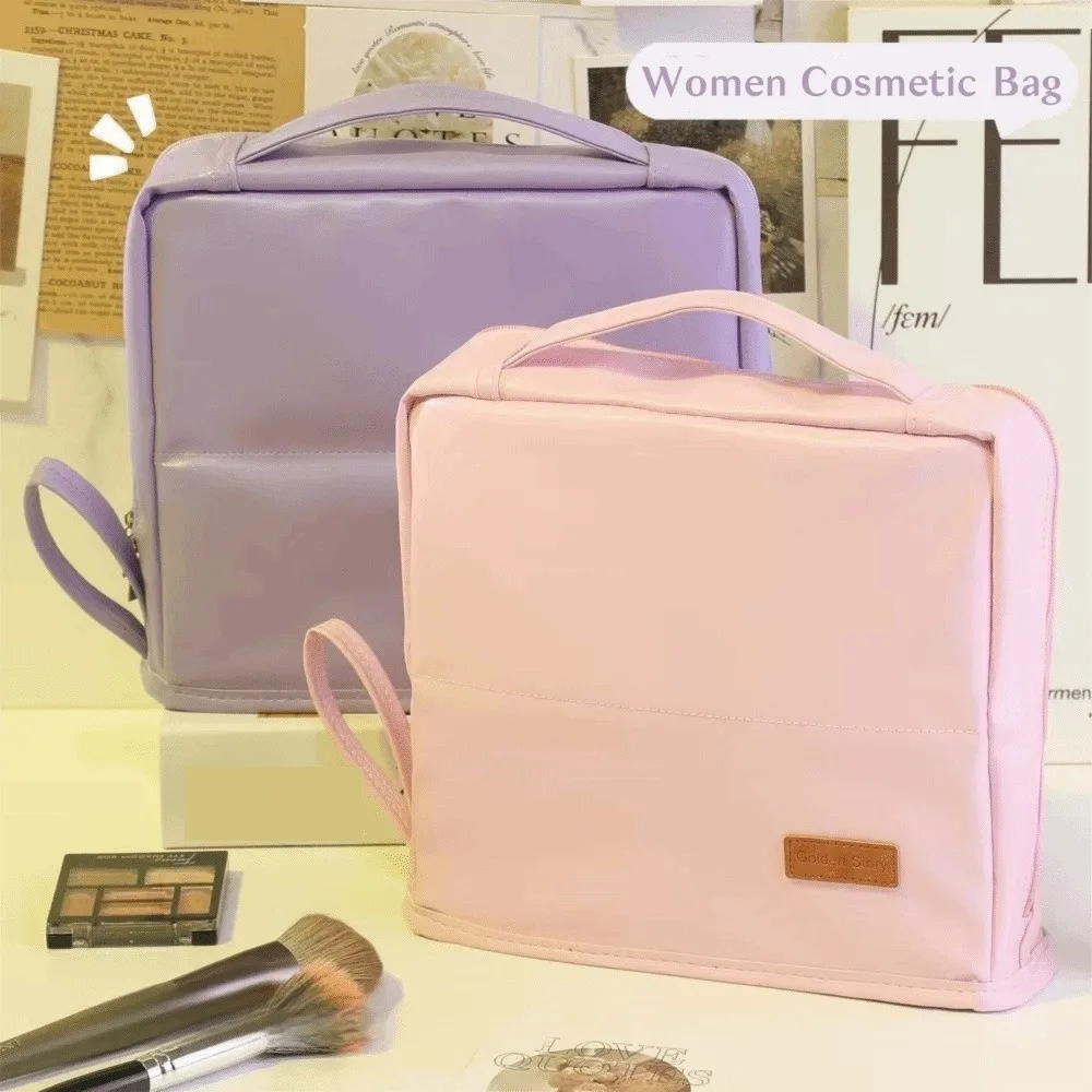 Portable Cosmetics Storage Bag Solid Color Vertical Travel Makeup Organizer Large Capacity Multi-Layer Standing Pencil Case