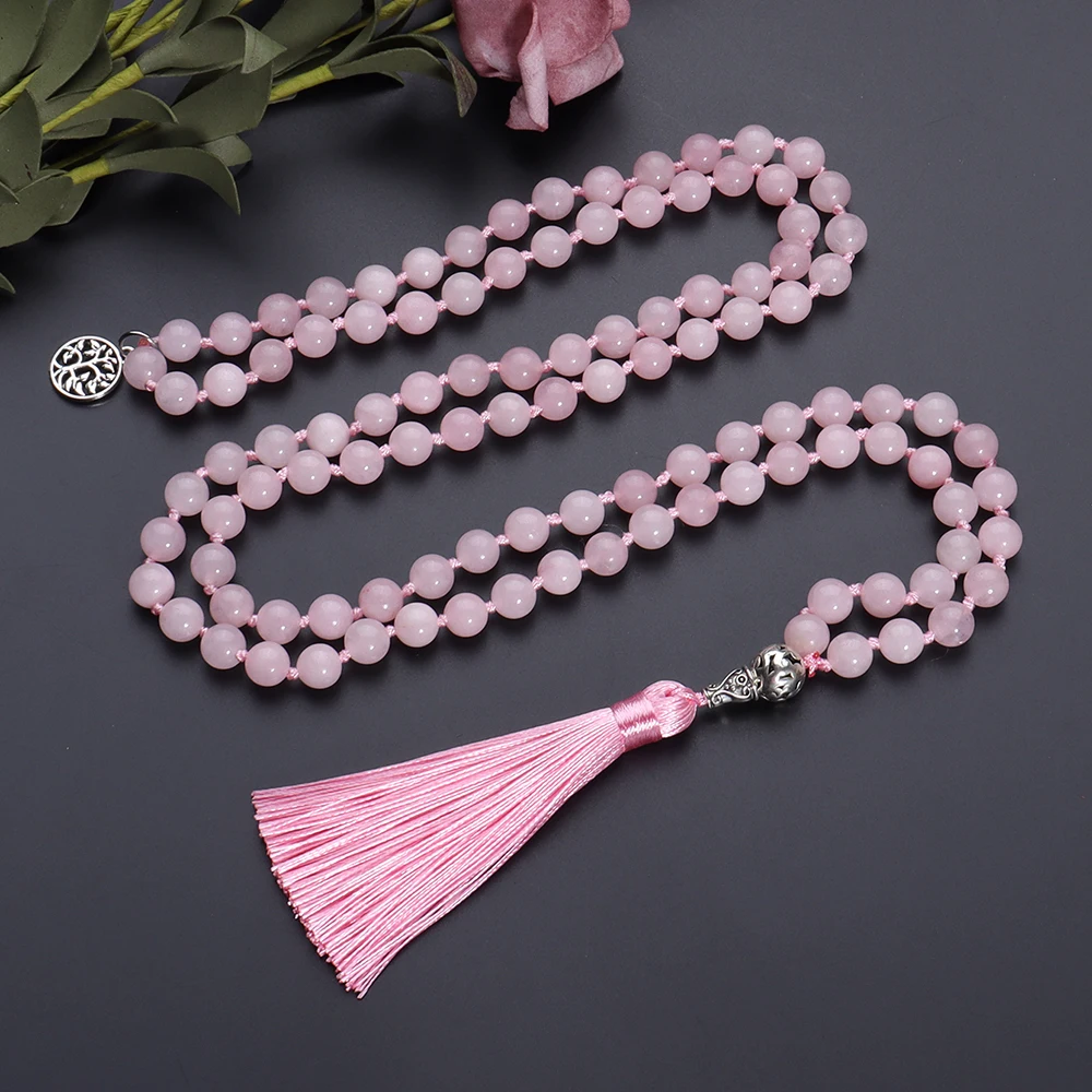 

OAIITE 108 Mala Beads Rose Quartz Necklace Women Pink Sweater Chain Yoga Meditation Prayer Reiki Stone Necklace for Girlfriend