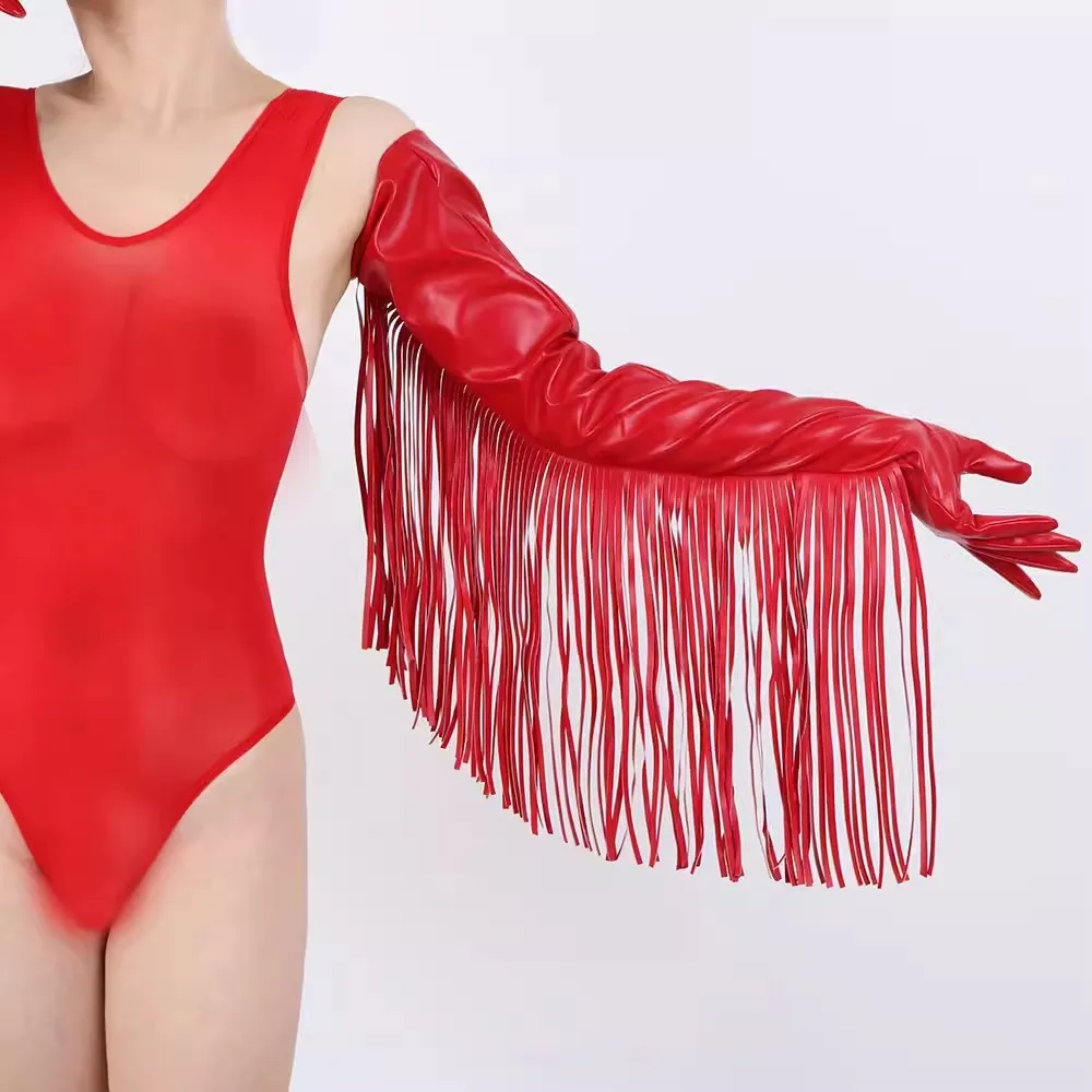 

Women's Elegant Fashion PU Leather Long Red Tassel Glove Female Driving Photograph Performance Party Glove 70cm R1265