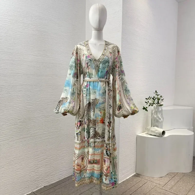 

2024 Silk Elegant New High Quality Women Self Tie Belt Blue Floral Print Deep V-Neck Lantern Sleeve Loose Midi Dress