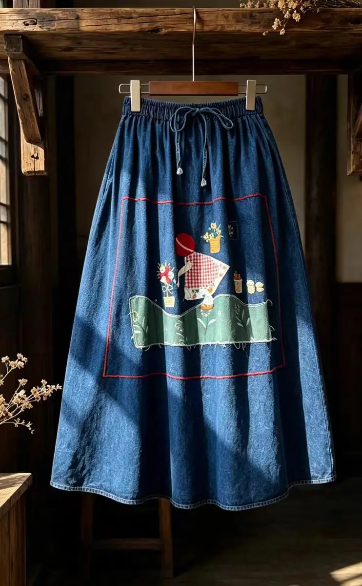 Denim Loose Patchwork Summer Elastic Waist Embroidery A line Casual Lady Skirt Female Fashion Women Skirt