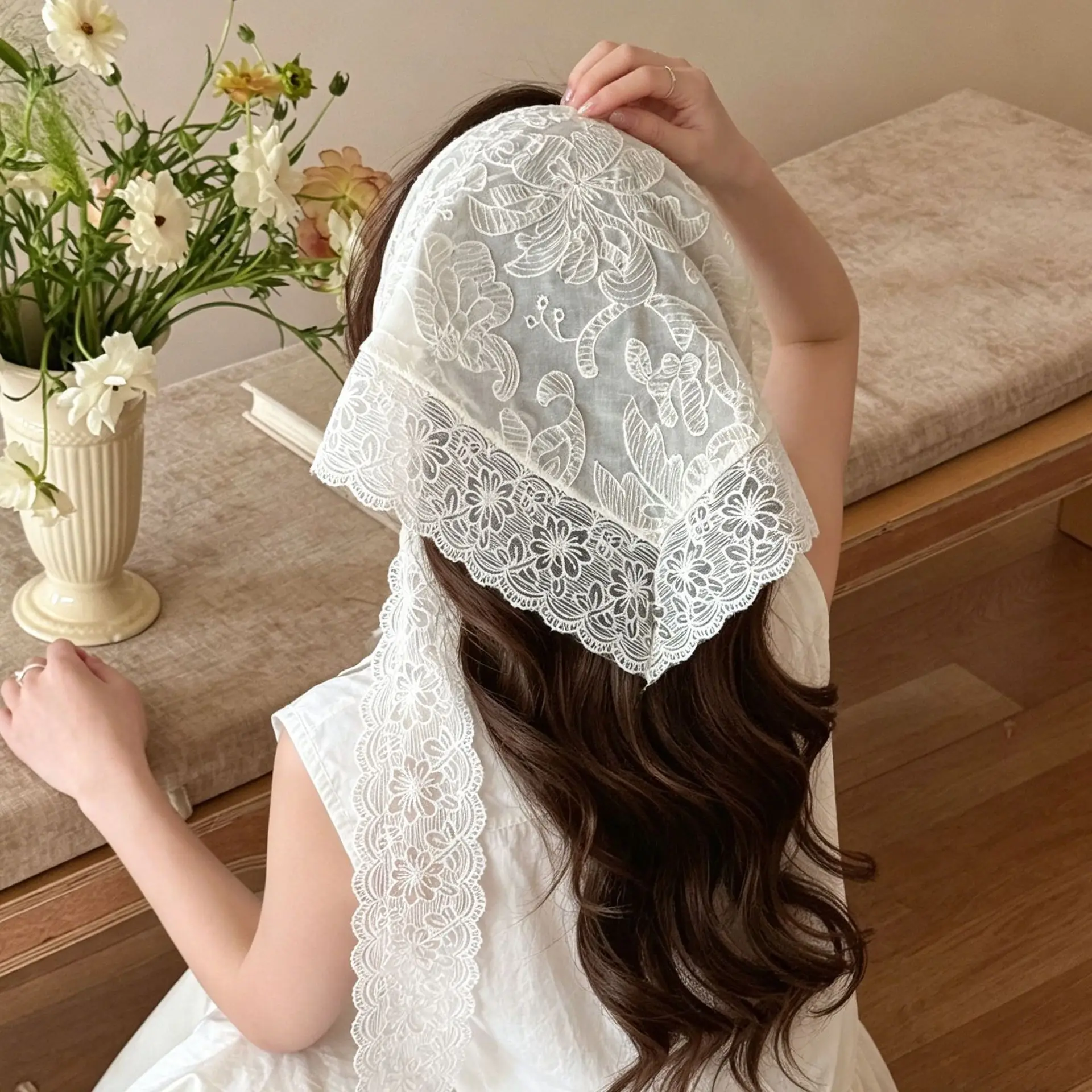 French-style Beige Lace Skirt with Flounce, Triangle Neckline, and Waistband; Retro Fringe Waist Sash and Tie Accessories