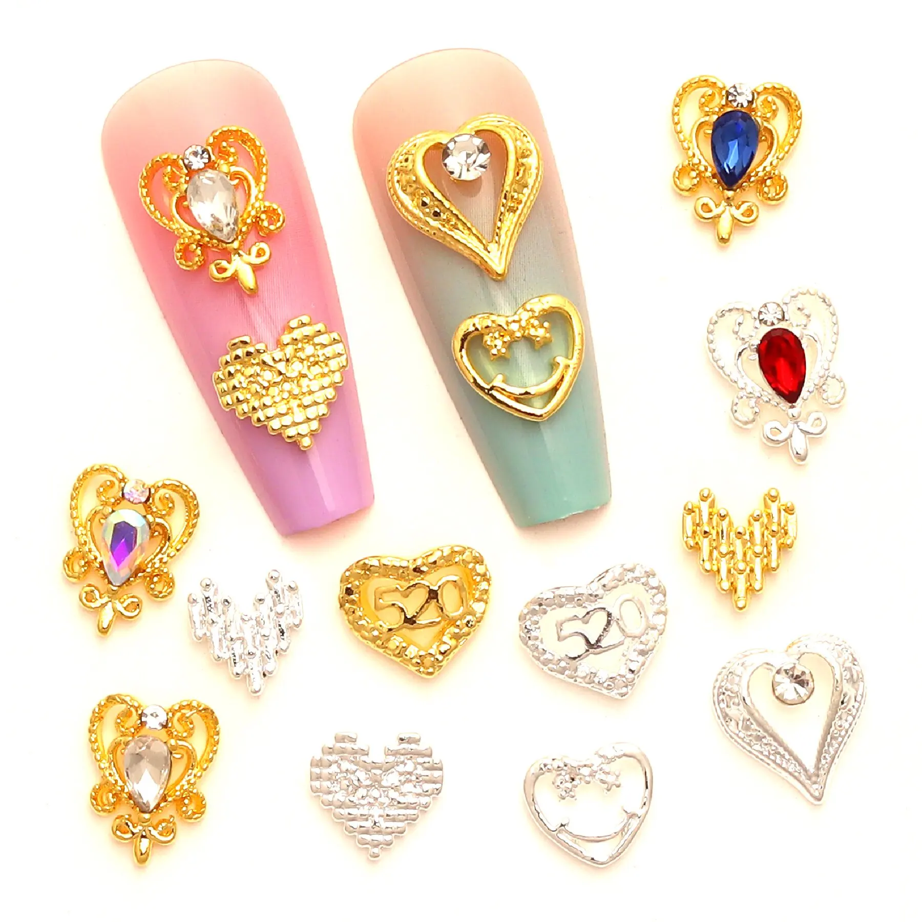 10 Pcs 3D Heart-shaped Metal Nail Art Jewelry Rhinestone Gem Nail Charm DIY Heart Design Alloy manicure accessories supplied