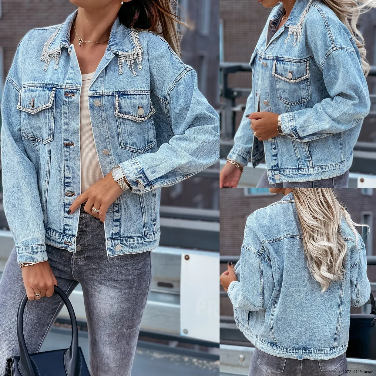 

Spring and Autumn New Denim Jacket Women Loose Korean Denim Outerwear Diamonds Hole Letters Printed Turn-Down Collar Coats