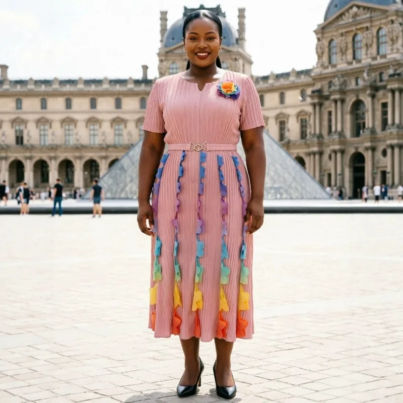 

Three-Pleated Personality Print Dresses Plisse 2026 Summer New Plus Size Dress Rainbow Floral Elegant Short Sleeve Long Dress