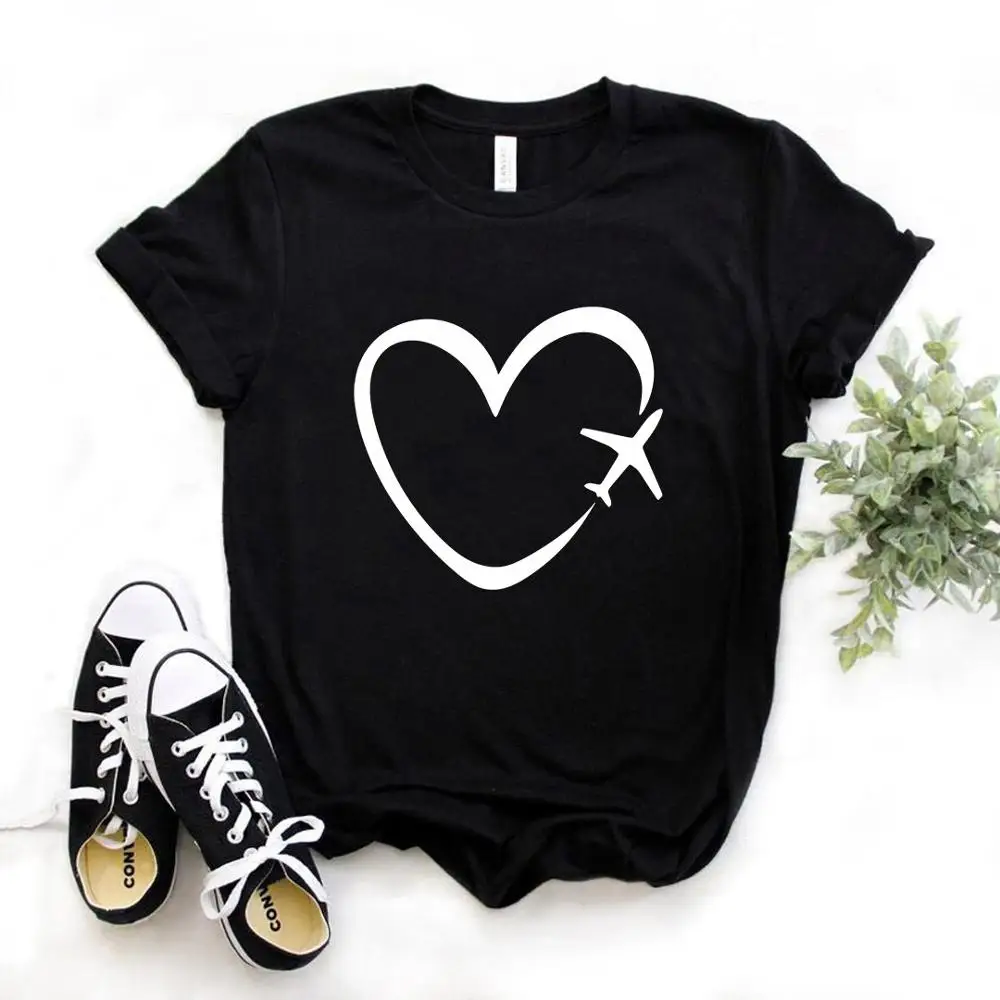 Travel plane heart love Print Women tshirt Casual Funny t shirt Gift Lady Yong Girl Top Tee graphic t shirts Fashion  Y2K Top