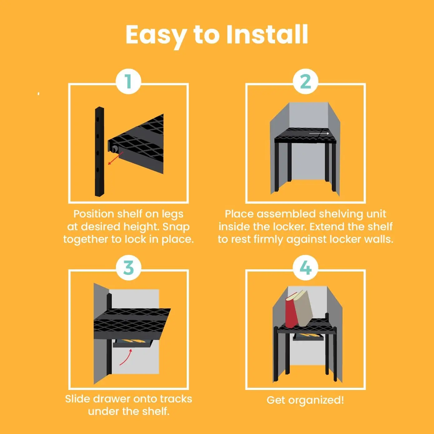 Adjustable Locker Shelf with Drawer, Extends to Fit Any Locker, Black Organizer for Easy Storage