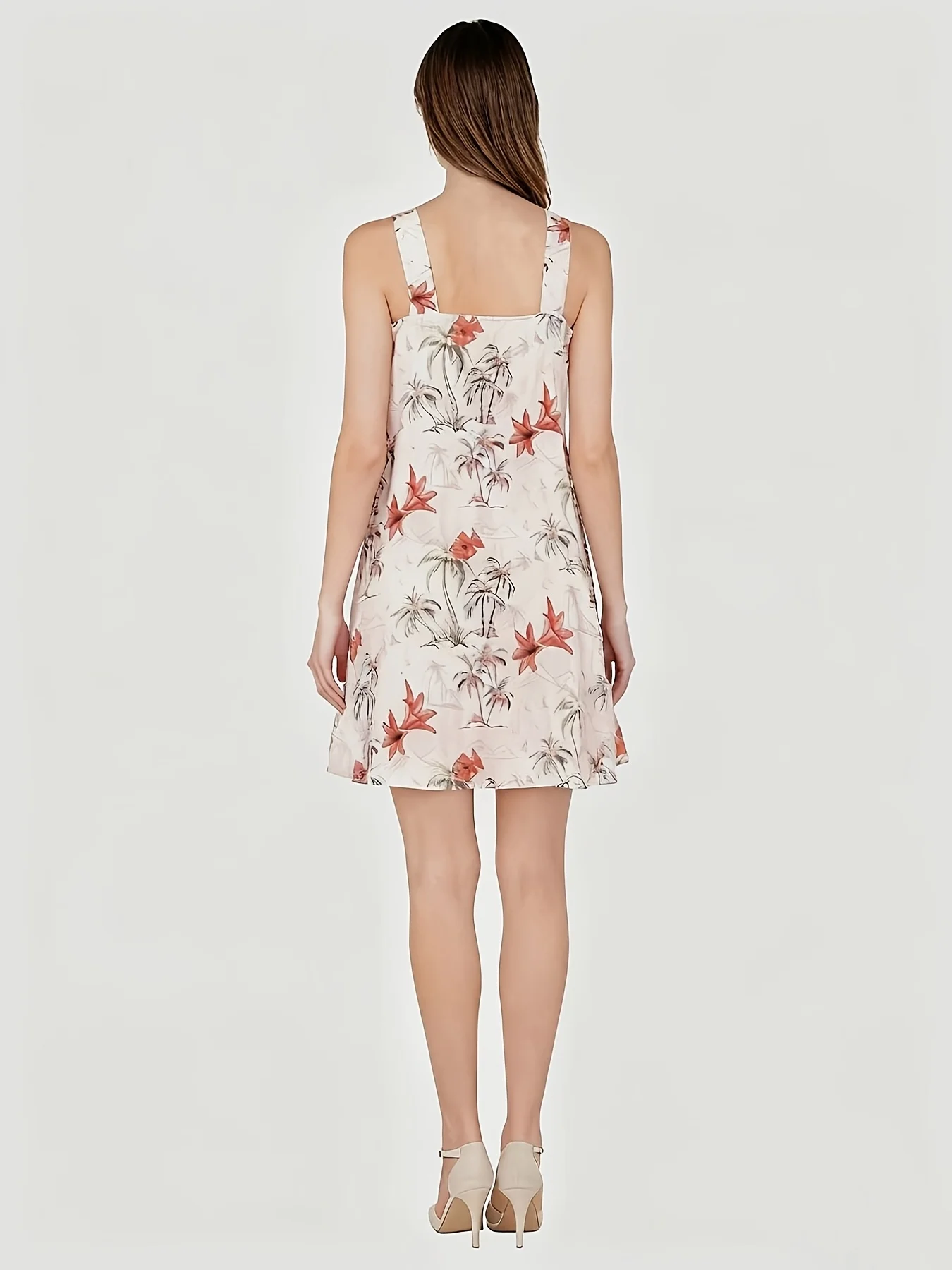 فستان نسائي قصير وردي شجرة النخيل الاستوائية مطبوع عليه زهور مع رسن بدون أكمام وظهر متقاطع فستان حفلات الإجازات 2025