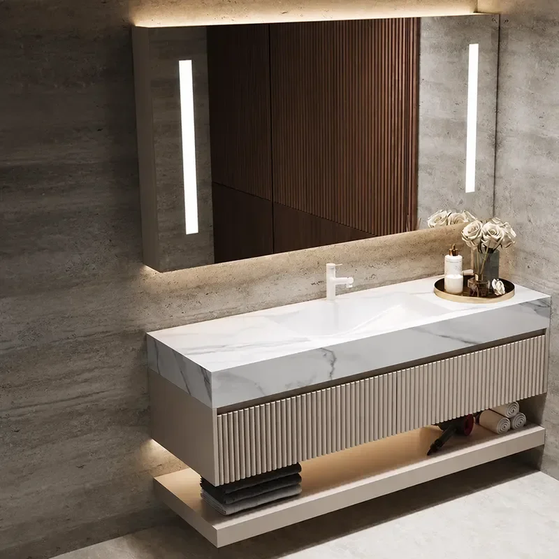 Modern Bathroom Cabinet with Rock Slab Seamless Integrated Basin Vanity Unit Washstand for Toilet and Hand Washing