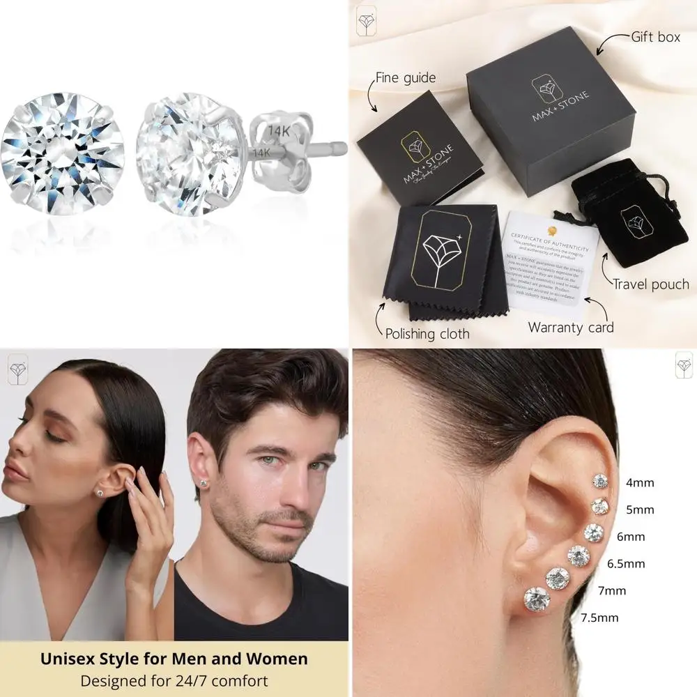 أقراط سوليتير مكعبة الزركونيا المستديرة من الذهب عيار 14 قيراط - ترصيع للجنسين مع تشيكوسلوفاكيا المضادة للتشويه، مجوهرات متينة وأنيقة