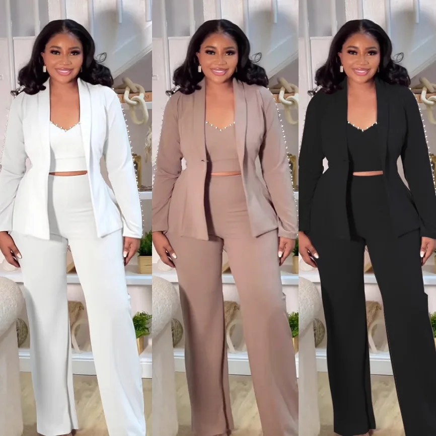 

Осень-зима 2022, модный женский костюм, комплект из трех предметов, жемчужное пальто с длинными рукавами и брюки, офисная женская одежда, реальная картина