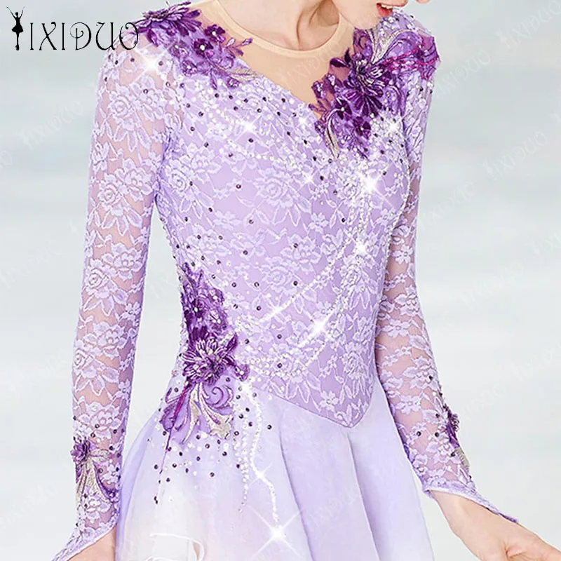 Rhinestone Ballet Gymnastics Leotard Dress Kids Girls Long Sleeve Mesh Splice Figure Ice Skating Dress Performance Dance Costume