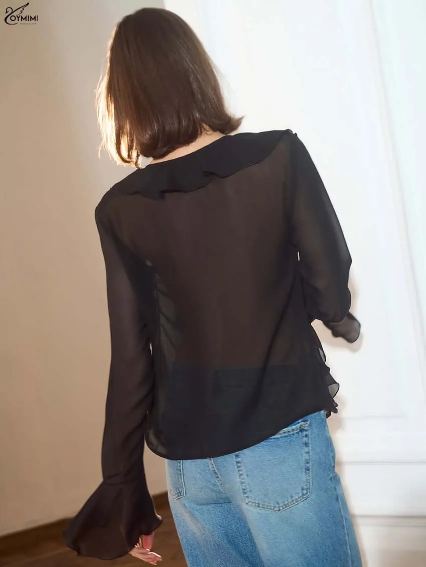 Oymimi Moda Camicia da donna sottile nera Elegante manica lunga con volant Camicette con lacci Estate Nuove camicette traslucide solide Donna