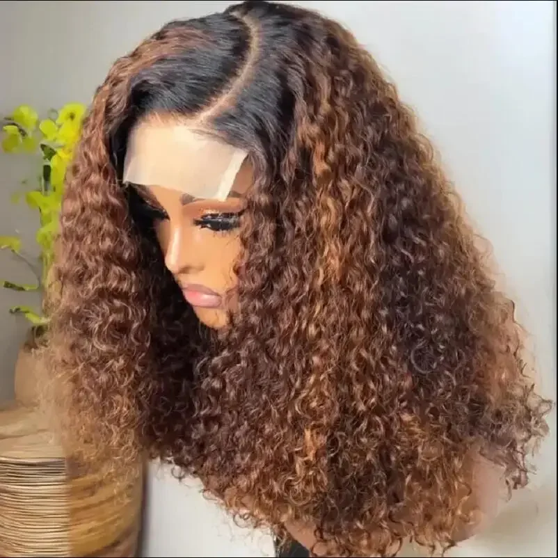

Long 26Inch Ombre Brown Kinky Curly 180Density Glueless Lace Front Wig For Women With Baby Hair Preplucked Daily